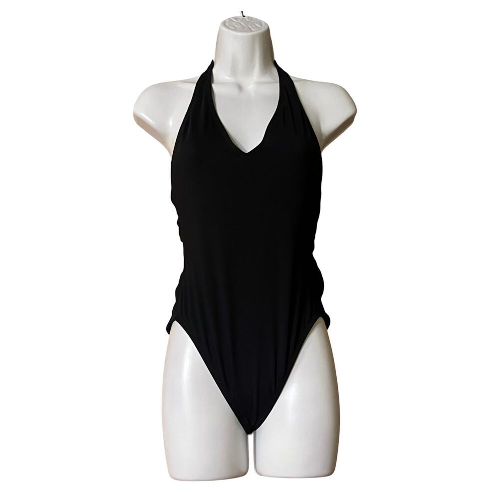 Anne Cole One Piece Swimsuit Black Bling on Back Halter Neck Size Medium